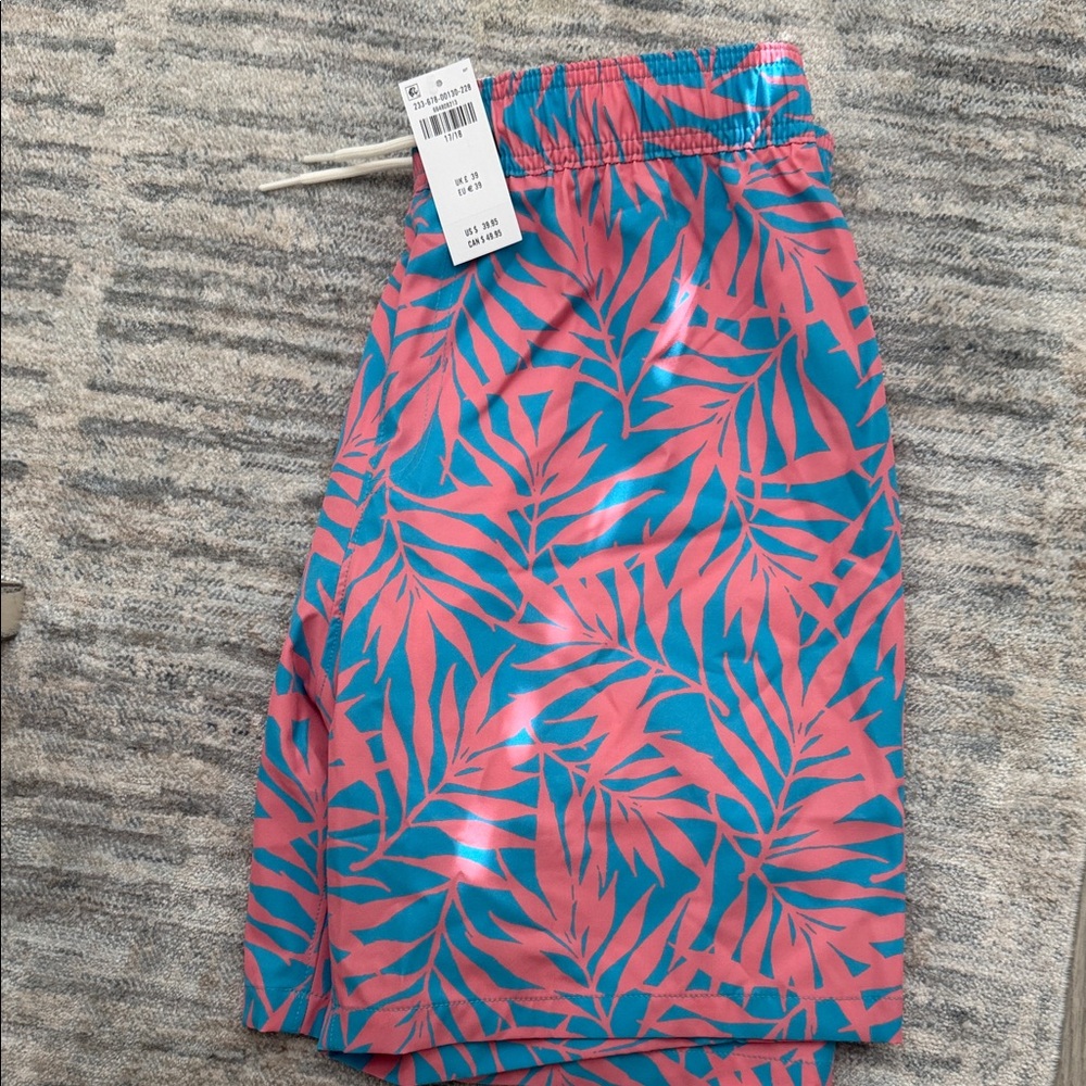 Abercrombie & Fitch Kids Teal and Coral Leaf Print Swim Trunks